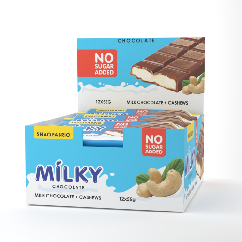 Milky - რძიანი შოკოლადი, რძის და ქეშიუს შიგთავსით 55 გრ.
