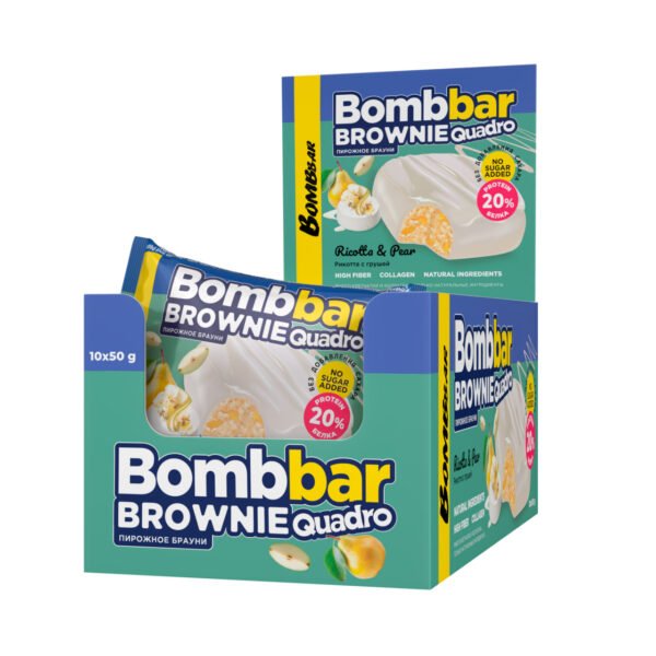 BOMBBAR პროტეინის ბრაუნი, რიკოტა მსხლით 50გრ, 10 ცალიანი შეფუთვა