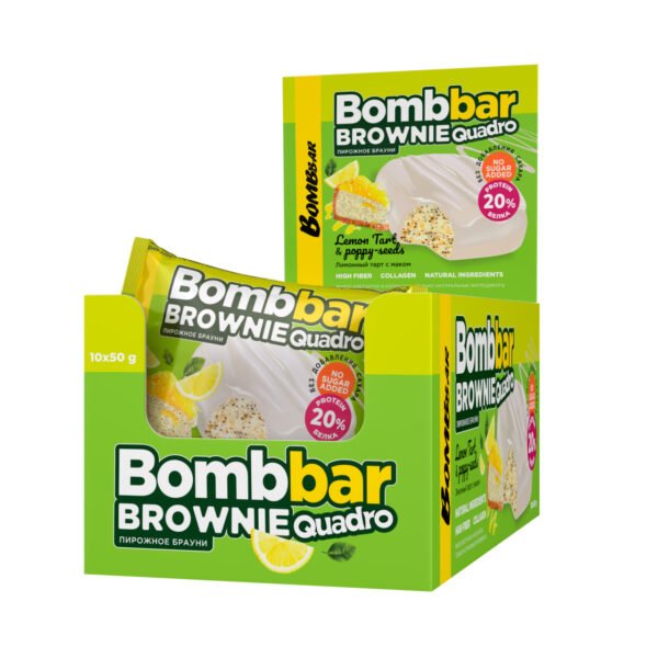 BOMBBAR პროტეინის ბრაუნი, ლიმონის ტარტი ყაყაჩოს მარცვლებით 50გრ, 10 ცალიანი შეფუთვა